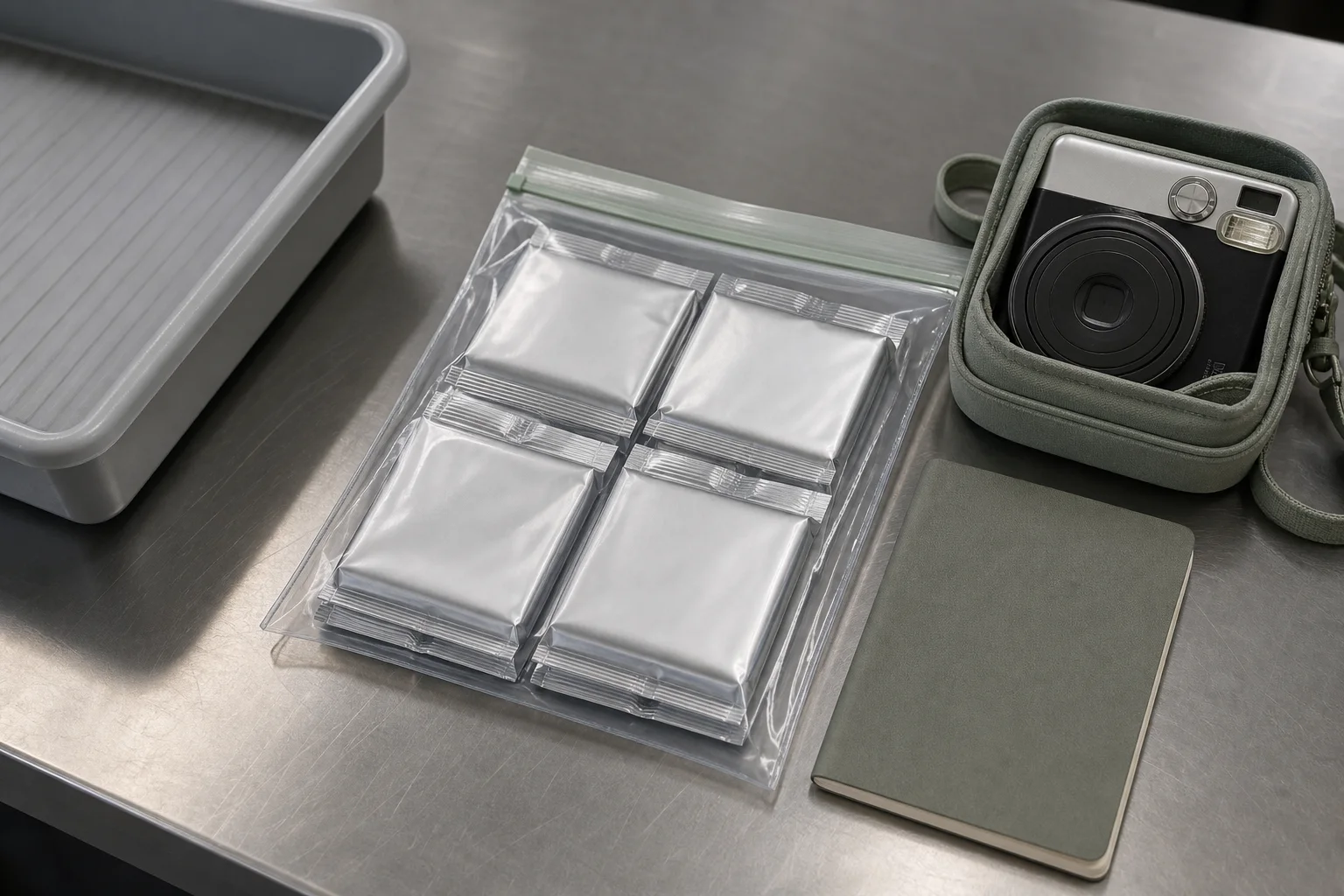 Packs de film instantané scellés regroupés dans une pochette transparente près d’un bac de contrôle aéroportuaire
